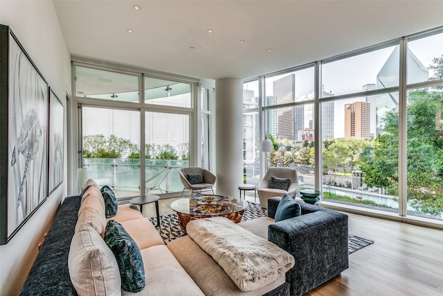 living area featuring floor to ceiling windows, a healthy amount of sunlight, and wood finished floors