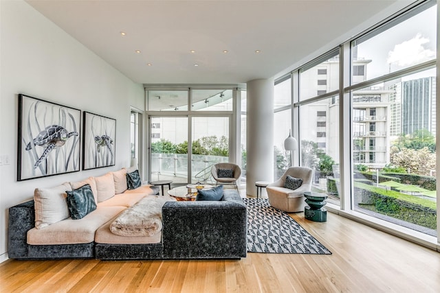 living room featuring a wall of windows and wood finished floors