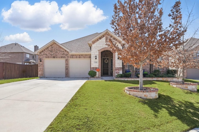 french country inspired facade with concrete driveway, an attached garage, brick siding, and a front lawn