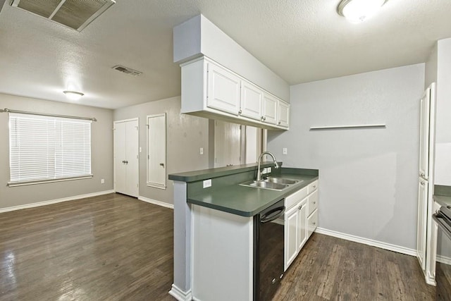 kitchen with visible vents, a sink, dark countertops, white cabinetry, and dishwasher