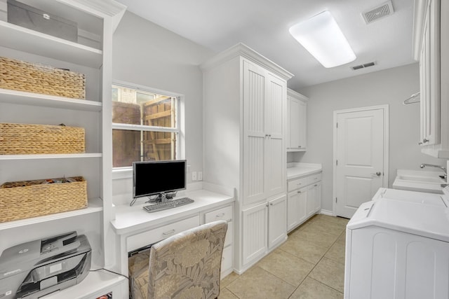 home office with a sink, visible vents, independent washer and dryer, and light tile patterned flooring