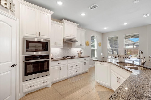 kitchen with dark stone countertops, visible vents, a sink, under cabinet range hood, and appliances with stainless steel finishes