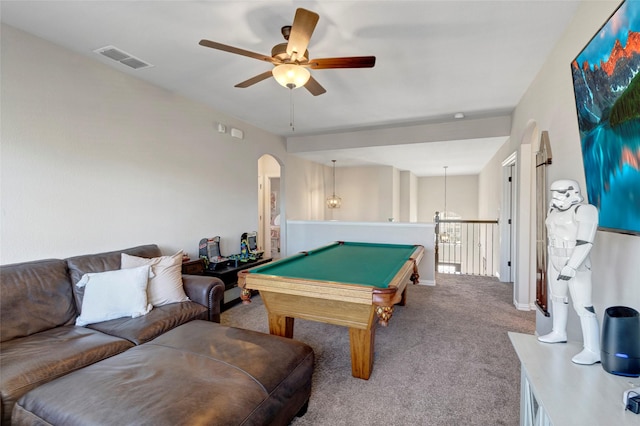 rec room featuring visible vents, a ceiling fan, billiards, arched walkways, and carpet flooring