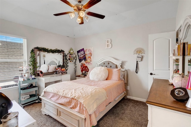 bedroom featuring baseboards, carpet, and ceiling fan