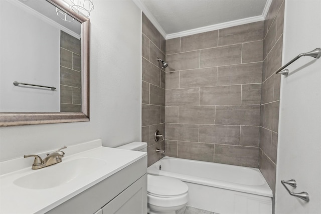 full bath with vanity, toilet, shower / bathtub combination, and crown molding