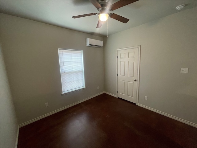 empty room featuring baseboards, an AC wall unit, and a ceiling fan