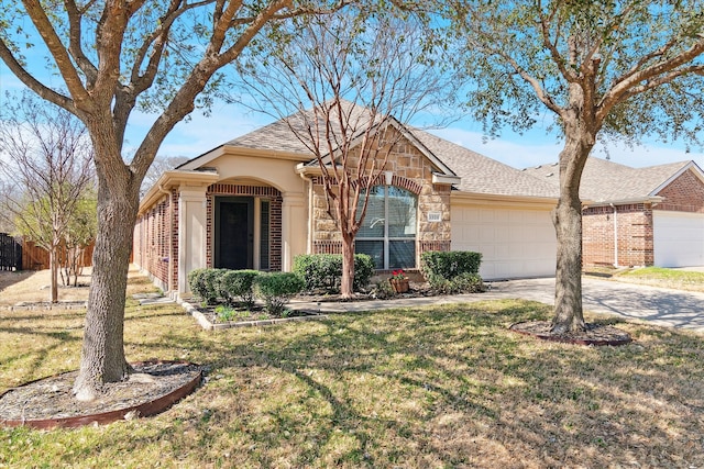 ranch-style house with a front lawn, driveway, stone siding, roof with shingles, and a garage