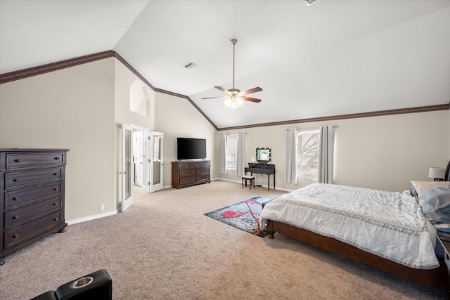 bedroom featuring light carpet, visible vents, baseboards, and ornamental molding