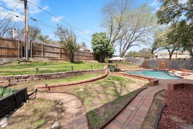 view of yard with a fenced in pool and a fenced backyard