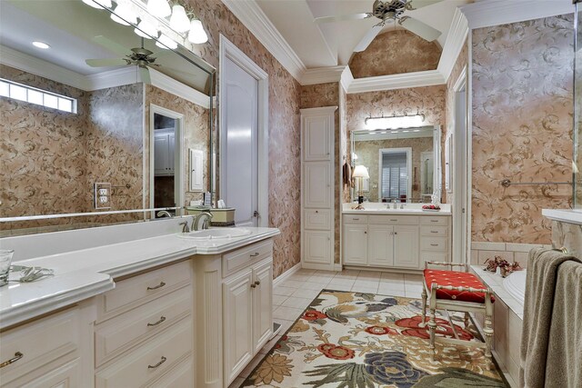 full bathroom featuring wallpapered walls, tile patterned floors, a ceiling fan, and ornamental molding