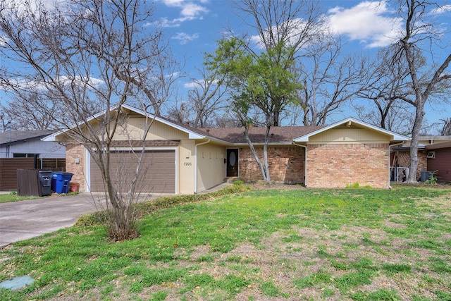 ranch-style home with fence, driveway, an attached garage, a front lawn, and brick siding