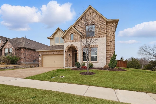 view of front of home featuring brick siding, driveway, and a front lawn