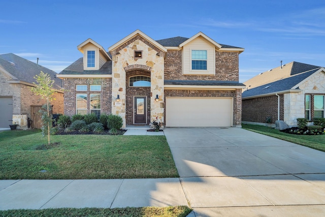 view of front of home featuring a front yard, driveway, a shingled roof, a garage, and brick siding