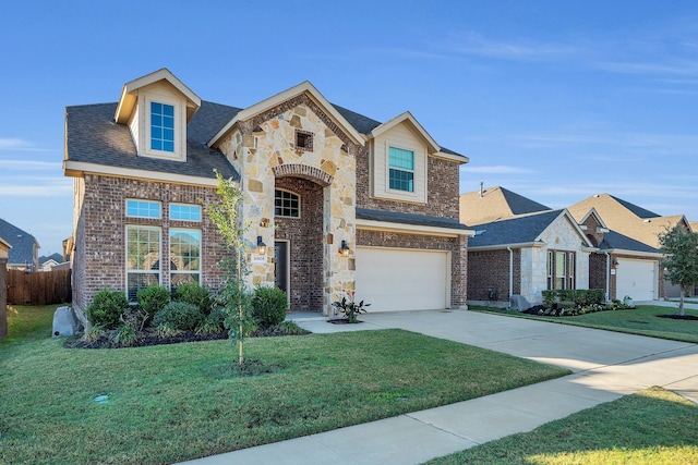 traditional-style home with driveway, a front lawn, fence, a garage, and brick siding