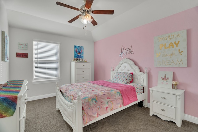 carpeted bedroom featuring baseboards, a ceiling fan, and vaulted ceiling