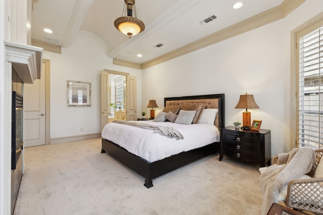 bedroom featuring visible vents, baseboards, crown molding, beamed ceiling, and light colored carpet