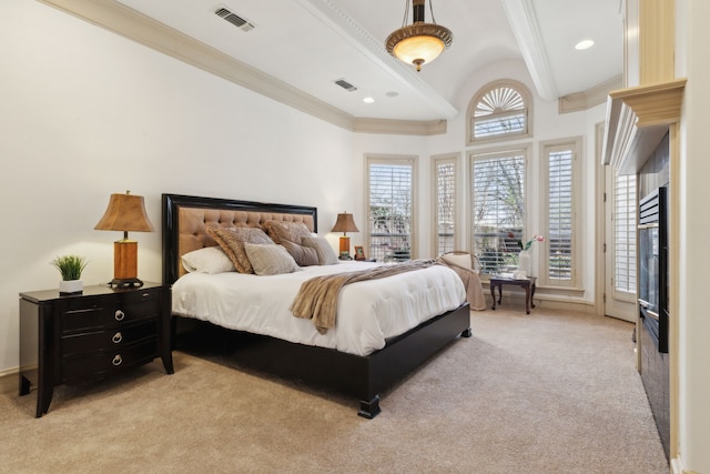 bedroom with access to exterior, light colored carpet, visible vents, and ornamental molding