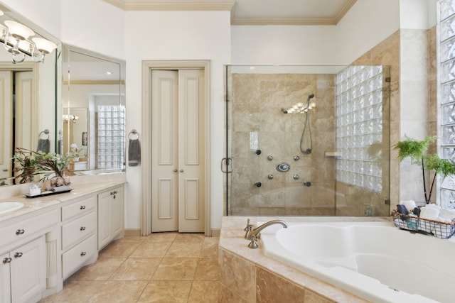 full bath with double vanity, a bath, a stall shower, and ornamental molding