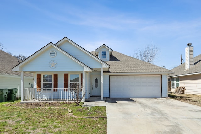 view of front of home featuring covered porch, concrete driveway, an attached garage, and a shingled roof