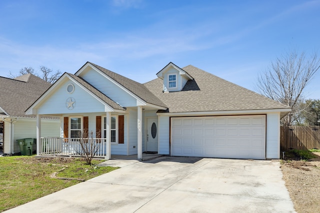 view of front of property featuring driveway, a porch, fence, an attached garage, and a shingled roof