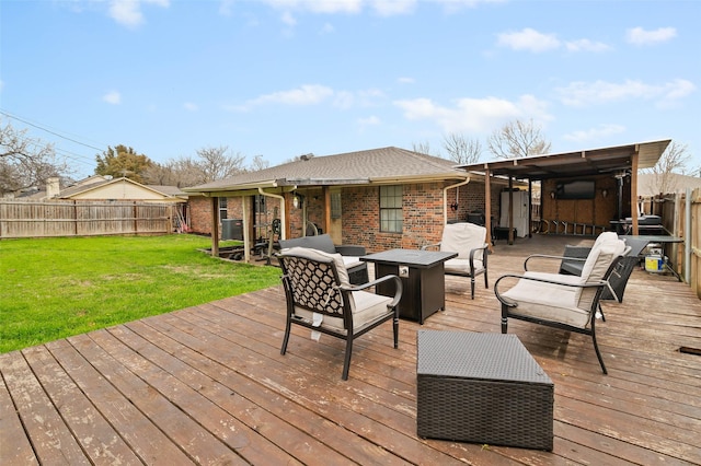 wooden terrace featuring a yard and a fenced backyard