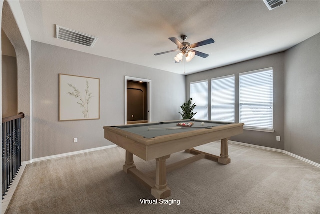 rec room with billiards, visible vents, carpet floors, and ceiling fan