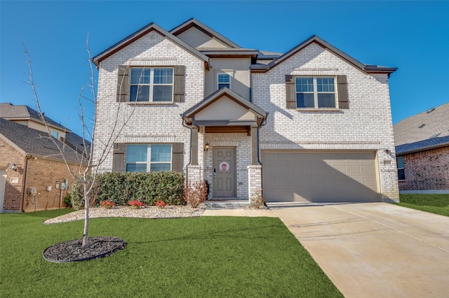 craftsman house with brick siding, driveway, and a front yard