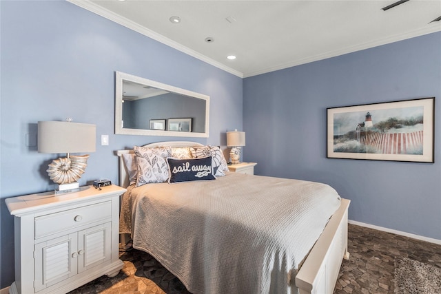 bedroom featuring recessed lighting, baseboards, ornamental molding, and stone finish floor