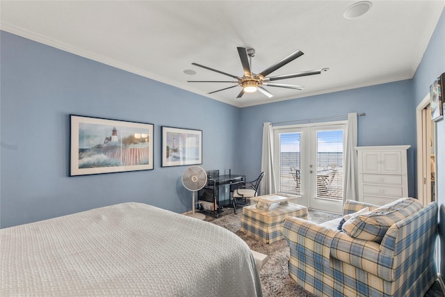 carpeted bedroom with a ceiling fan, crown molding, access to outside, and french doors