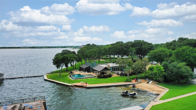 bird's eye view with a water view