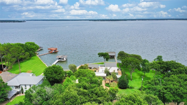 bird's eye view with a water view