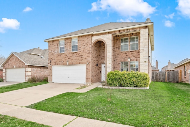 view of front of property with fence, concrete driveway, a front yard, a garage, and brick siding