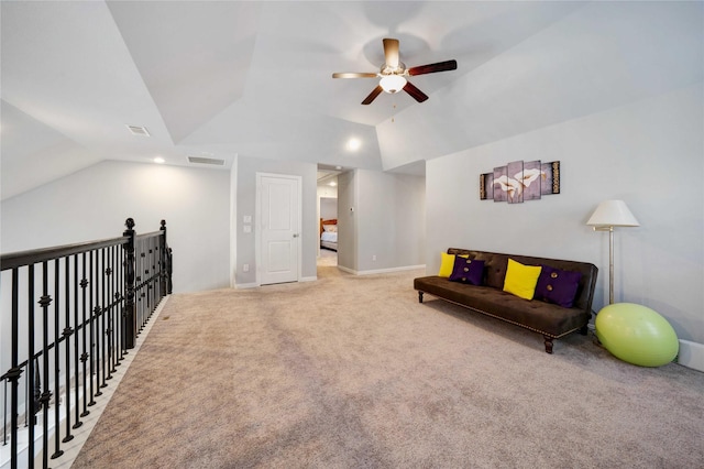 132 Mossy Oak Trl, Fort Worth, TX 76131 - living area featuring lofted ceiling, a ceiling fan, light colored carpet, an upstairs landing, and baseboards