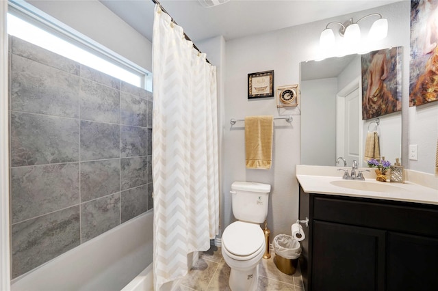 full bath featuring tile patterned flooring, visible vents, toilet, shower / tub combo with curtain, and vanity