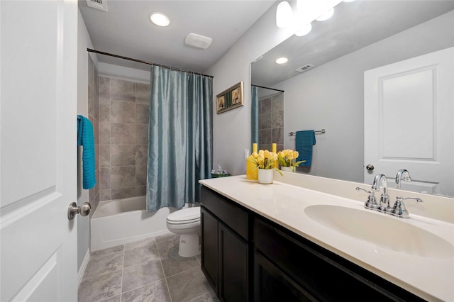 full bath featuring visible vents, toilet, shower / bath combo, tile patterned flooring, and vanity