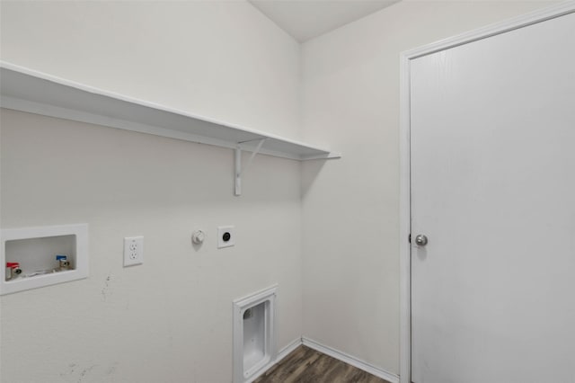 laundry area with hookup for a washing machine, dark wood-style floors, hookup for an electric dryer, laundry area, and hookup for a gas dryer