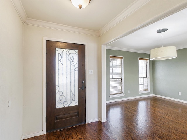 foyer with baseboards, dark wood-style floors, and crown molding