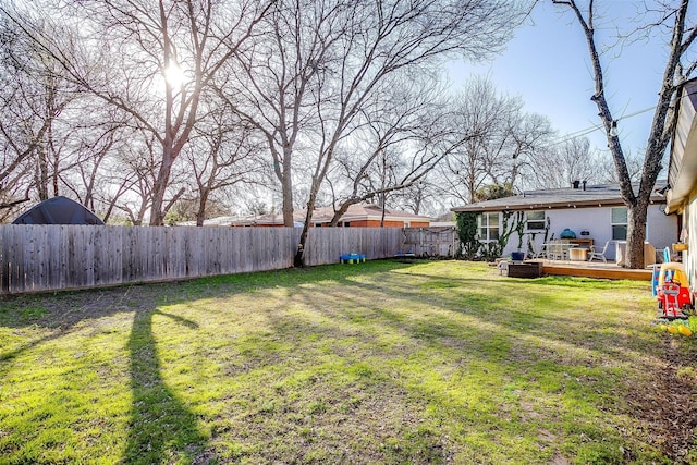 view of yard featuring a deck and a fenced backyard