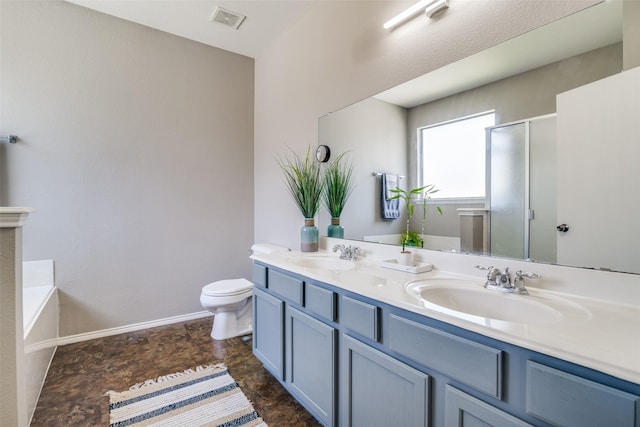 bathroom featuring visible vents, a stall shower, toilet, and a sink