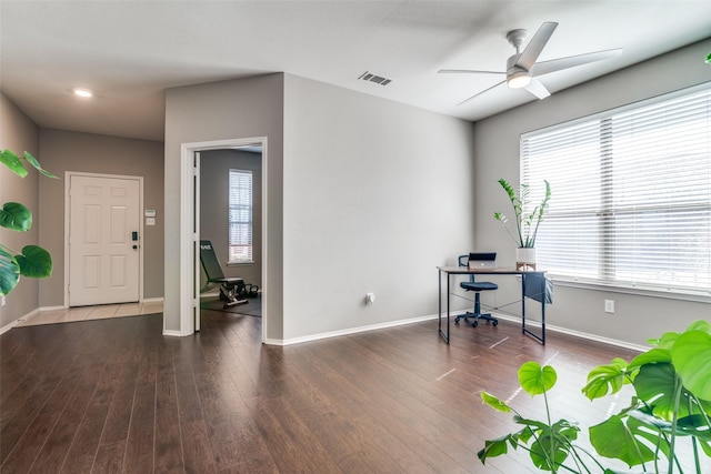 2212 River Birch Ln, Rockwall, TX 75032 - office with wood finished floors, a ceiling fan, and baseboards