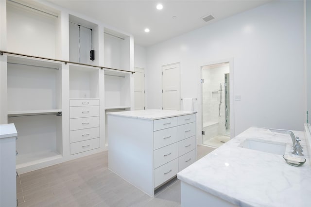 walk in closet with a sink, visible vents, and light wood-style floors