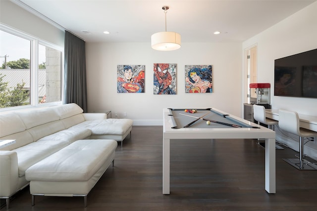 recreation room featuring dark wood finished floors, pool table, recessed lighting, and baseboards