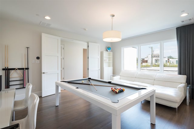 rec room with pool table, dark wood-type flooring, recessed lighting, and visible vents