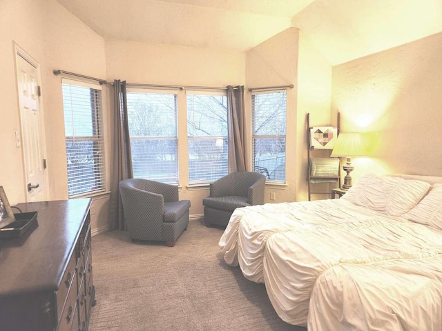 carpeted bedroom featuring vaulted ceiling