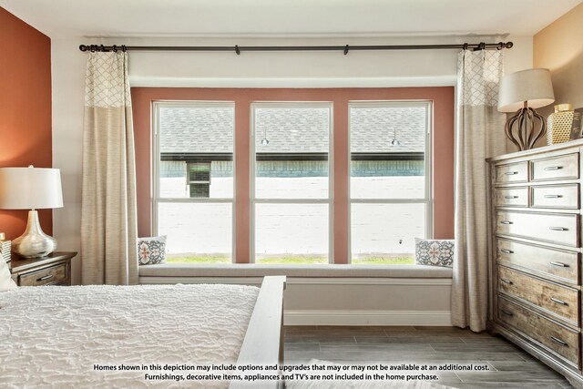 bedroom featuring multiple windows, baseboards, and wood finish floors