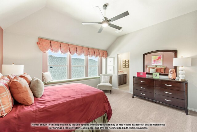 bedroom featuring light carpet, lofted ceiling, ensuite bathroom, baseboards, and ceiling fan