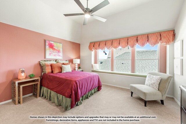 carpeted bedroom with a ceiling fan and baseboards