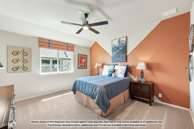 carpeted bedroom with visible vents, baseboards, lofted ceiling, and a ceiling fan