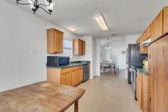 kitchen with visible vents, under cabinet range hood, vaulted ceiling, stainless steel appliances, and a sink