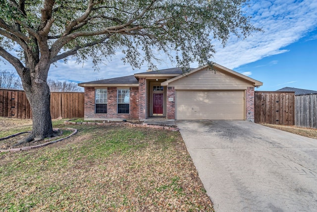 ranch-style house featuring concrete driveway, an attached garage, fence, and brick siding